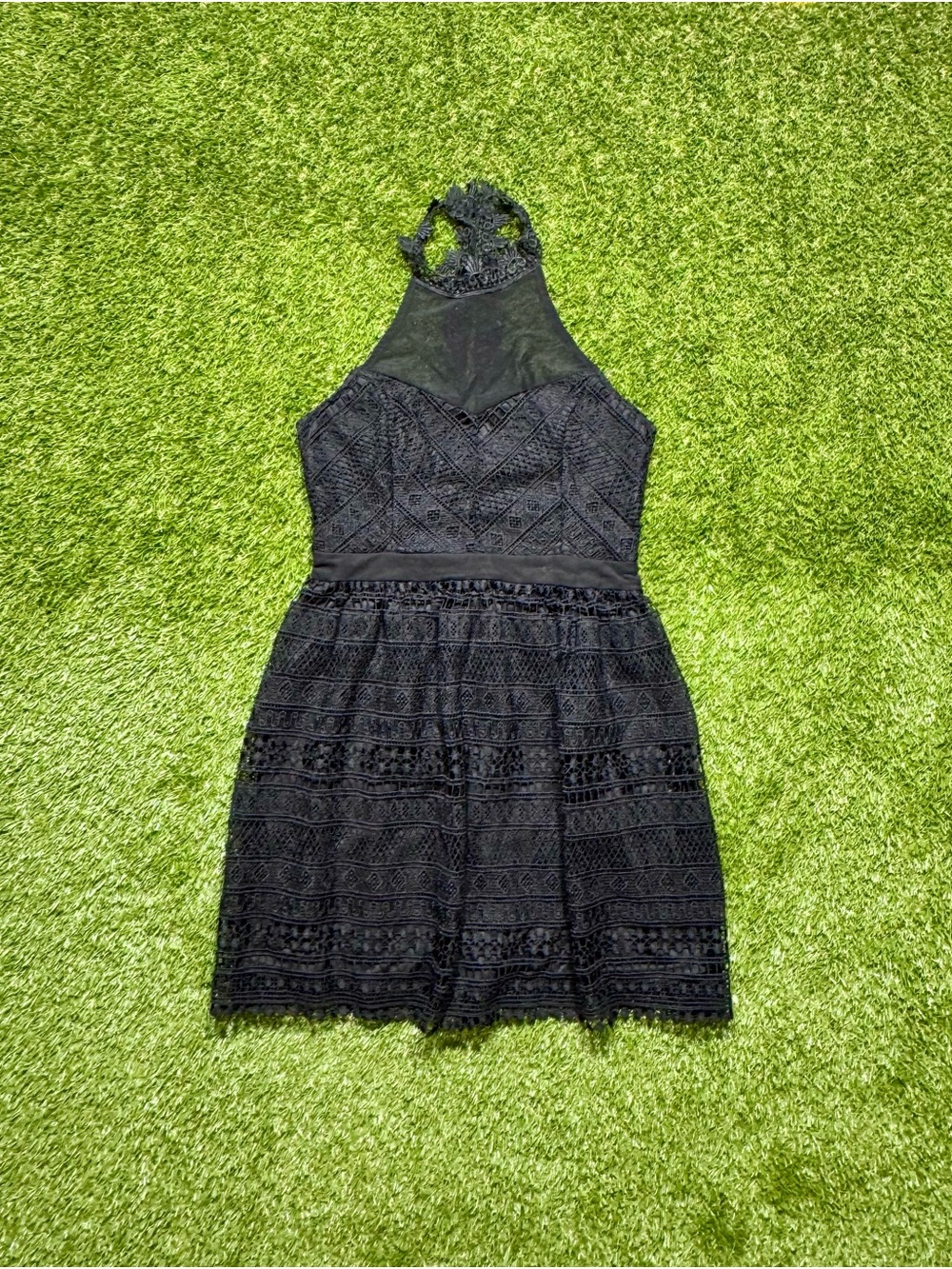 francesca's Women’s Lace Halter Fit & Flare Knee Mini Dress S Lined Black NWT